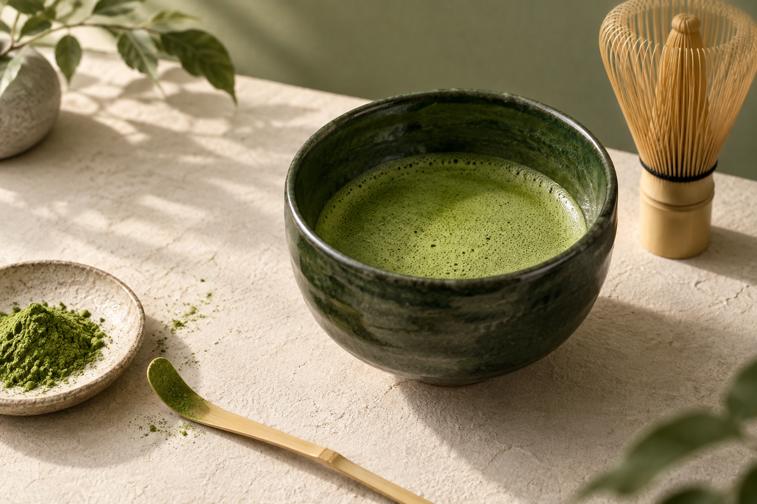 Finely whisked matcha in a handcrafted tea bowl